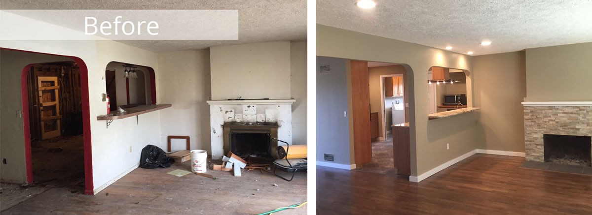 Living room & fireplace refresh — supplied before-and-after comparison